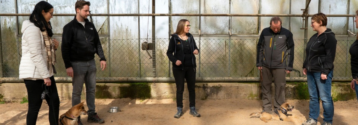 Hundetrainerin Sabine Ehrhardt erklärt Kursteilnehmern Hundetraining in der Hundeschule Bornheim