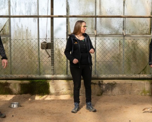 Hundetrainerin Sabine Ehrhardt erklärt Kursteilnehmern Hundetraining in der Hundeschule Bornheim